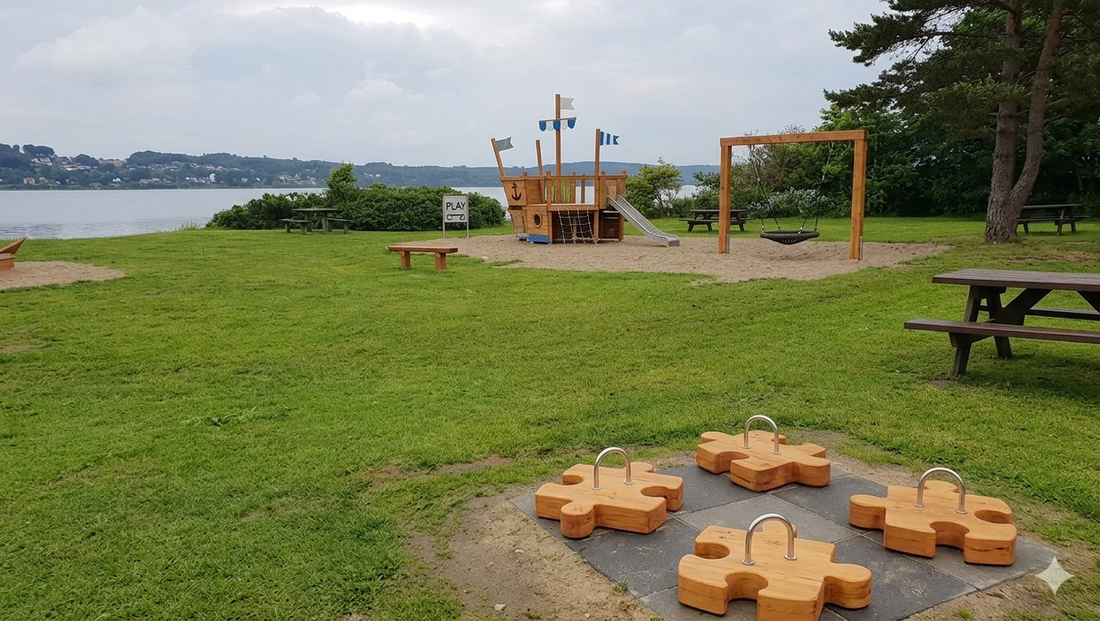 Teltplads ved Munkebjerg – Udsigt over Vejle Fjord og bål ved stranden